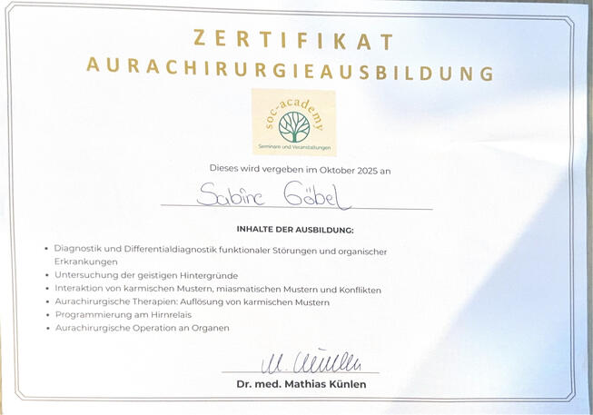 Zertifikat Aurachirurgieausbildung Zertifikat Aurachirurgieausbildung