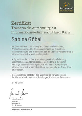 Zertifikat Trainerin Aurachirurgie Zertifikat Trainerin Aurachirurgie